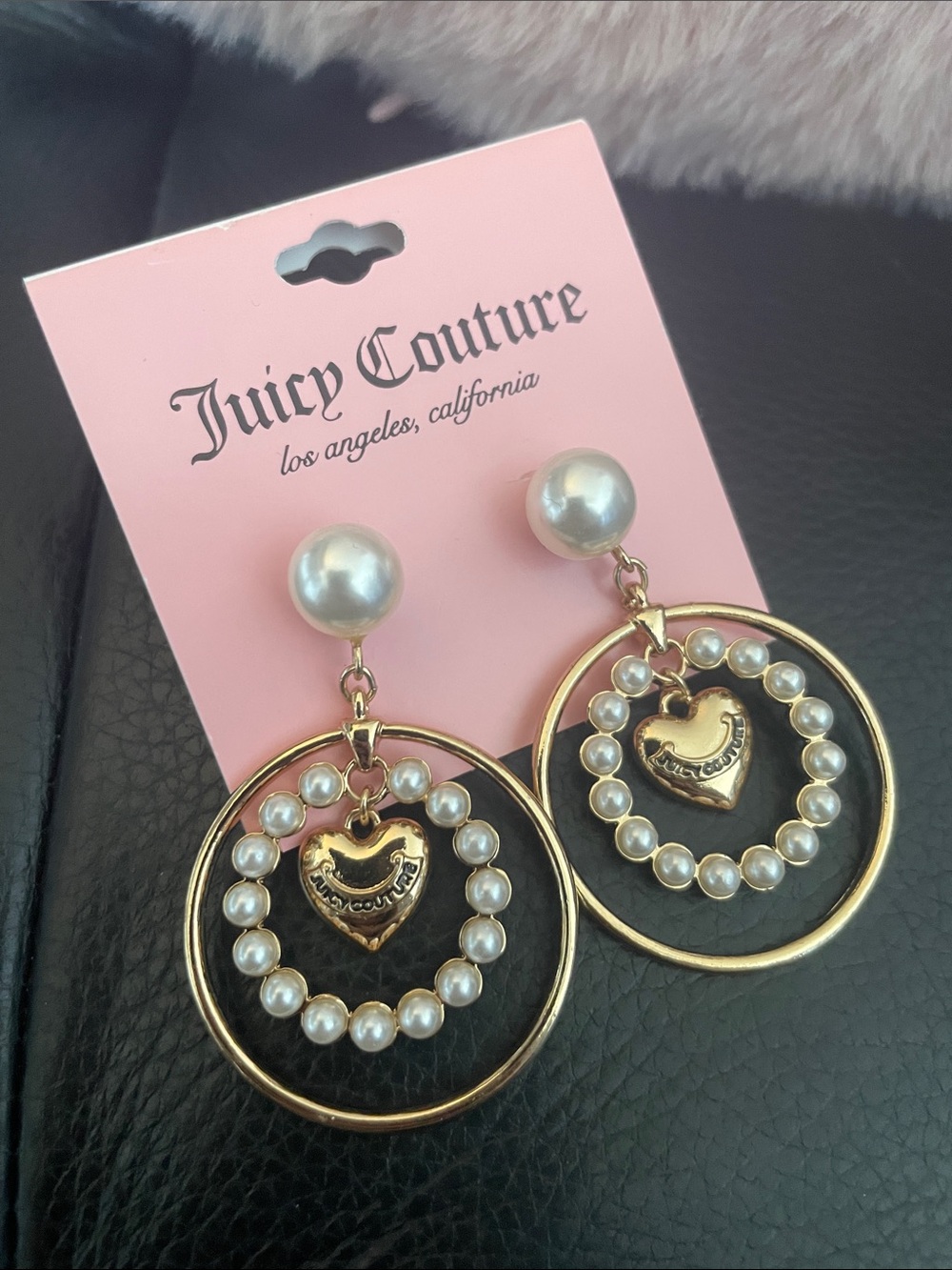 Juicy Couture Gold Hoop Earrings with Pearl Accents and Heart Charm NWT
